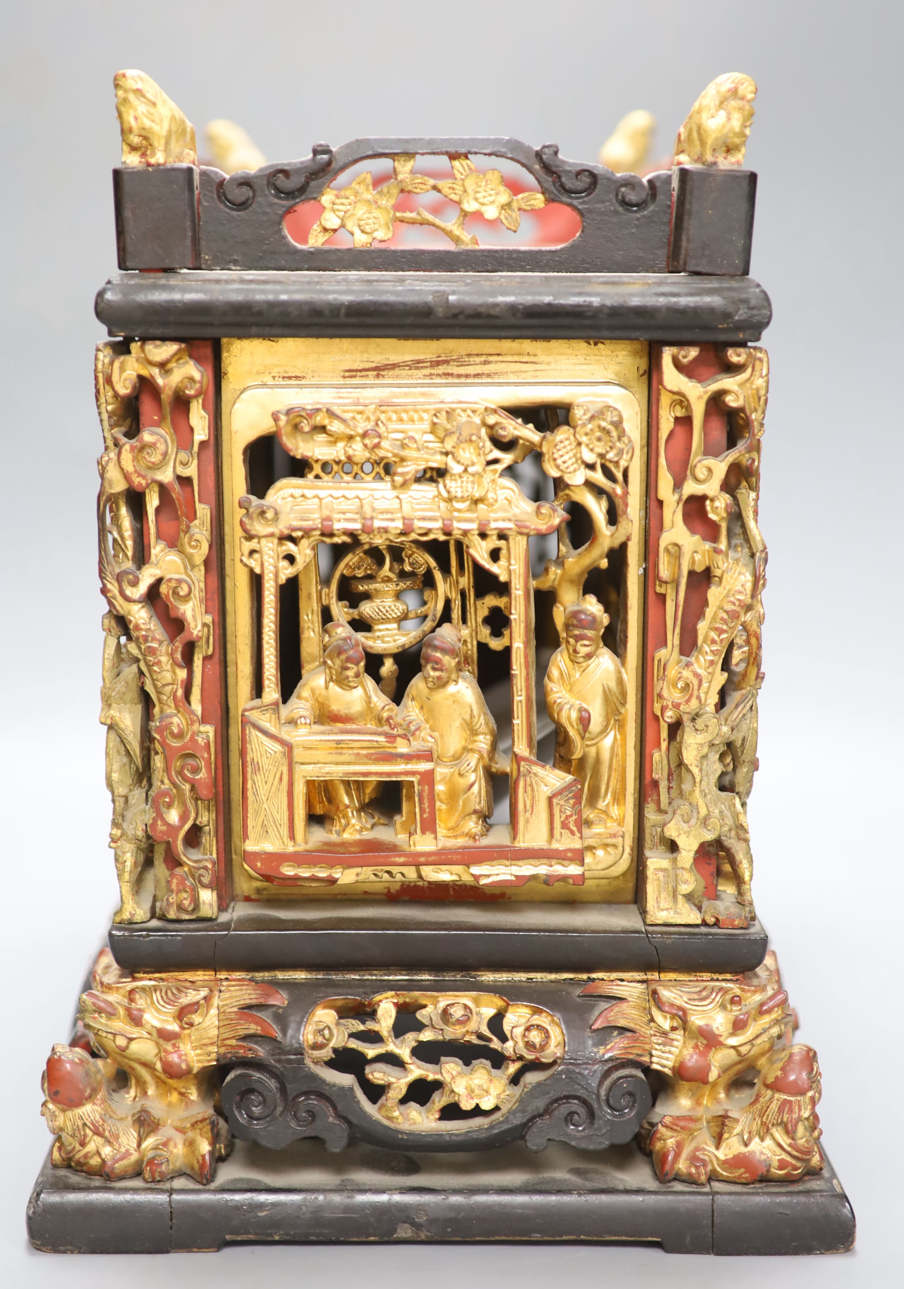 A 19th/20th century Chinese carved gilt lacquer offering box (chanab), height 32cm